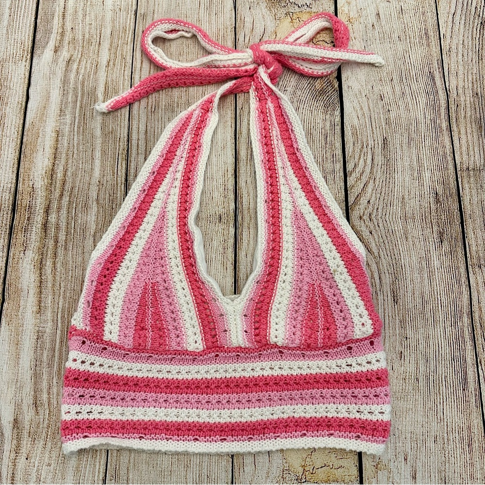 Hollister Pink and White Crochet Halter Top Size XS Cropped Beach Preppy Knit